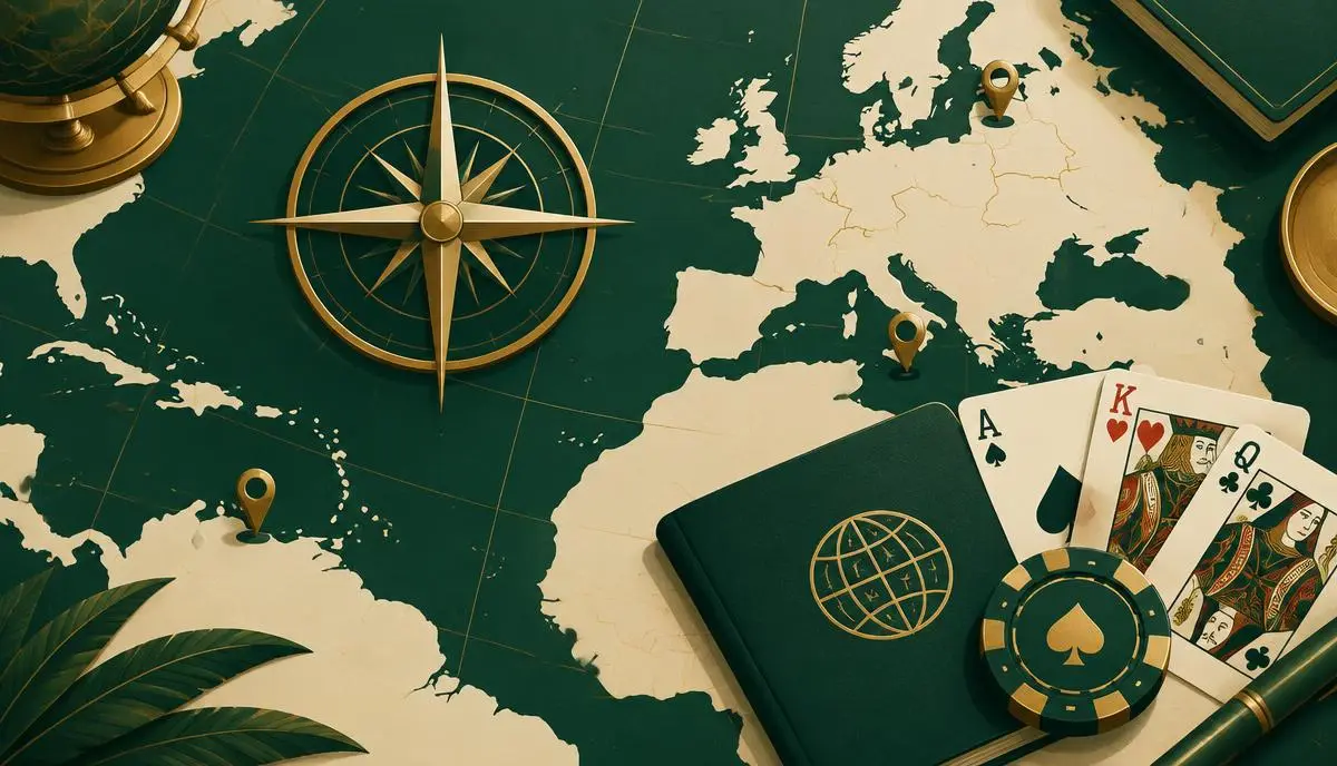 Illustrerad karta med markeringar för Malta, Estland och Curaçao bredvid spelkort och ett pass